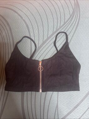 Extremely rare Joah Brown Black Ribbed Zip-Front Crop Top
